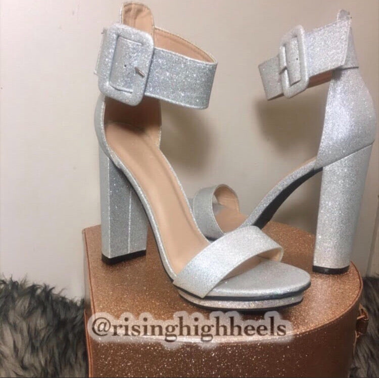 Silver sparkly outlet block heels